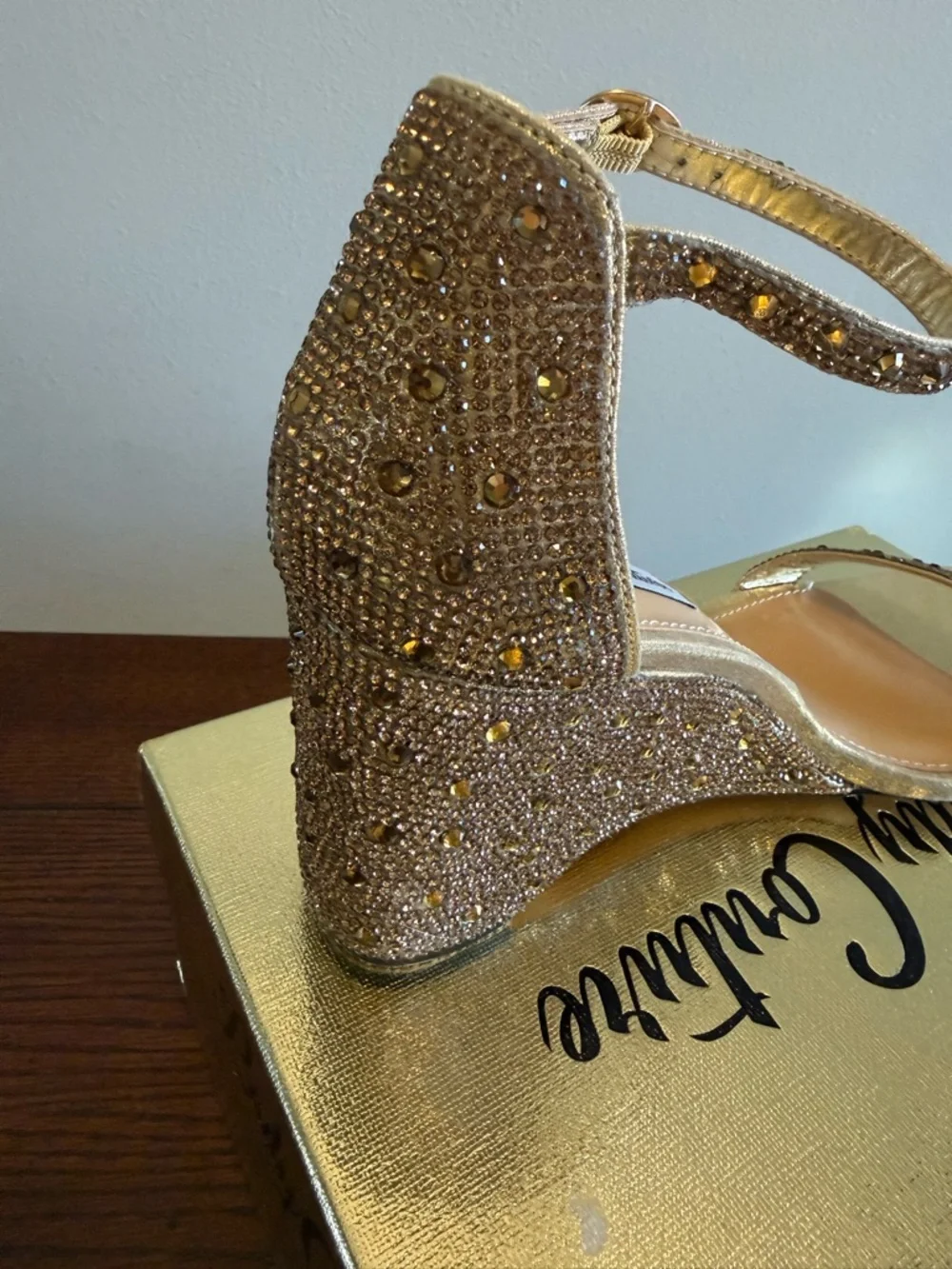 Lady Couture Kloe Gold Embellished‎ Wedge Sandal with Ankle Strap NEW